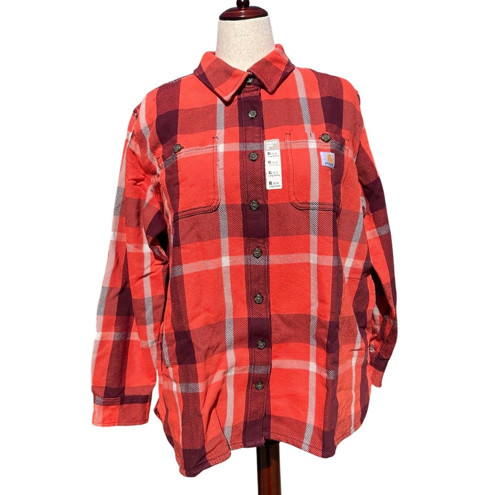Carhartt Plaid Shirt Women XL Red/Orange Heavyweight Twill Loose Fit Workwear
